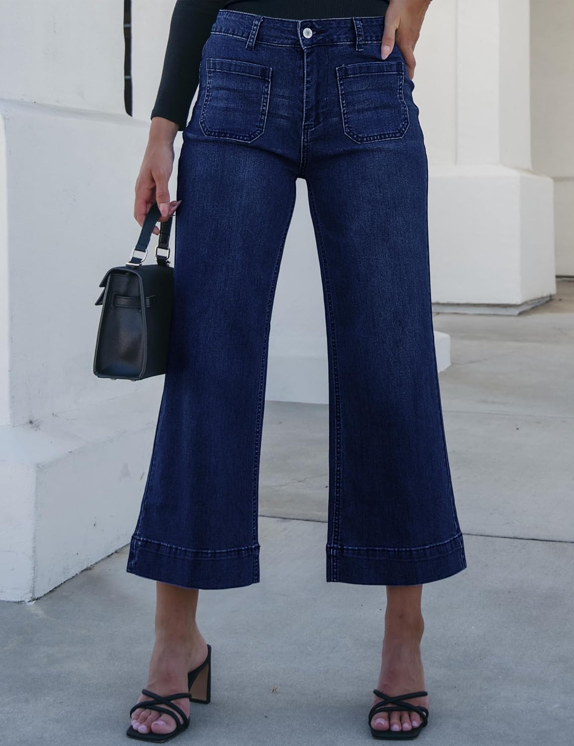 Trendige Damen High Waist Schlag Jeans Stretchy Cropped Wide Leg Denim Hose - Bild 79 von 146