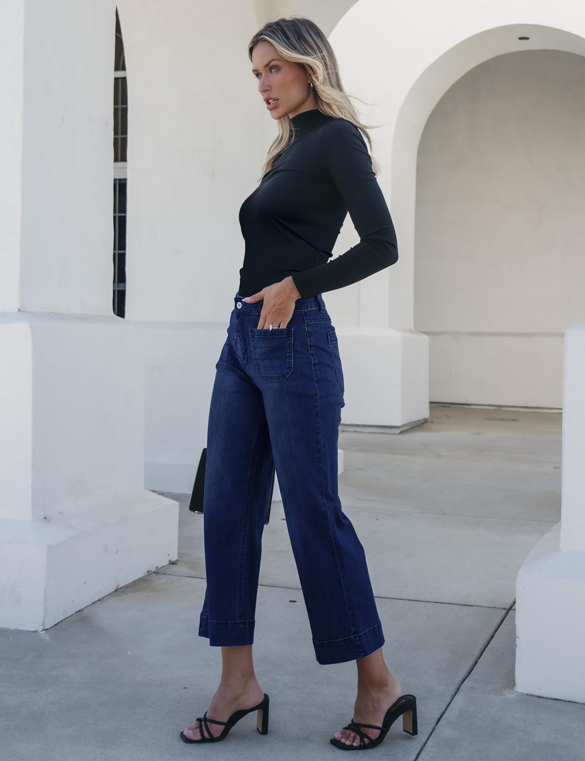 Trendige Damen High Waist Schlag Jeans Stretchy Cropped Wide Leg Denim Hose - Bild 80 von 146