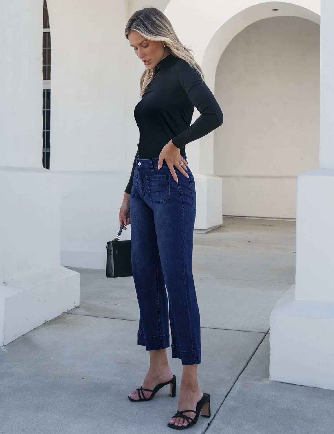 Trendige Damen High Waist Schlag Jeans Stretchy Cropped Wide Leg Denim Hose - Bild 81 von 146