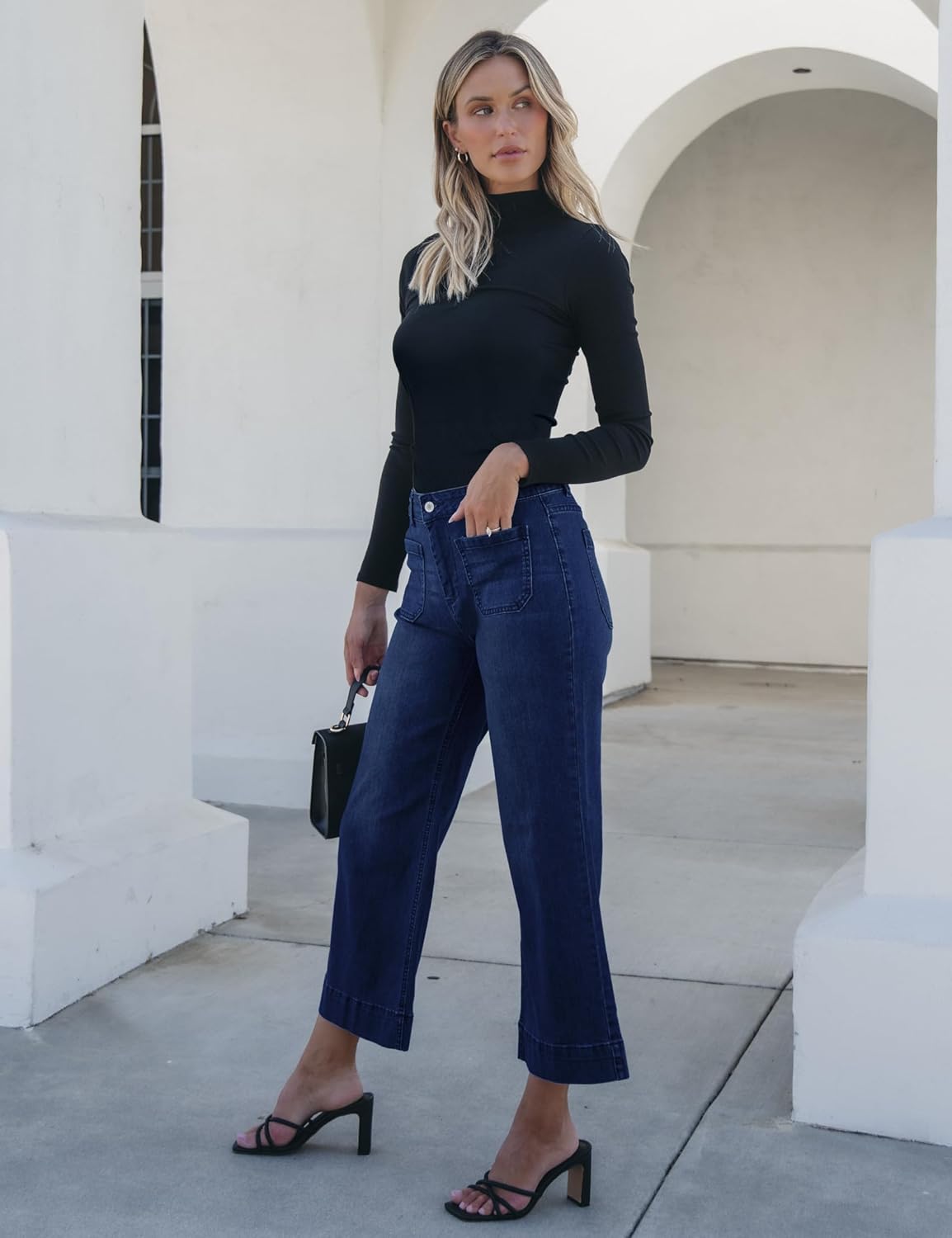 Trendige Damen High Waist Schlag Jeans Stretchy Cropped Wide Leg Denim Hose - Bild 82 von 146