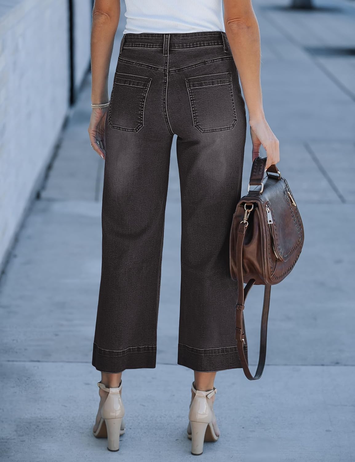 Trendige Damen High Waist Schlag Jeans Stretchy Cropped Wide Leg Denim Hose - Bild 85 von 146
