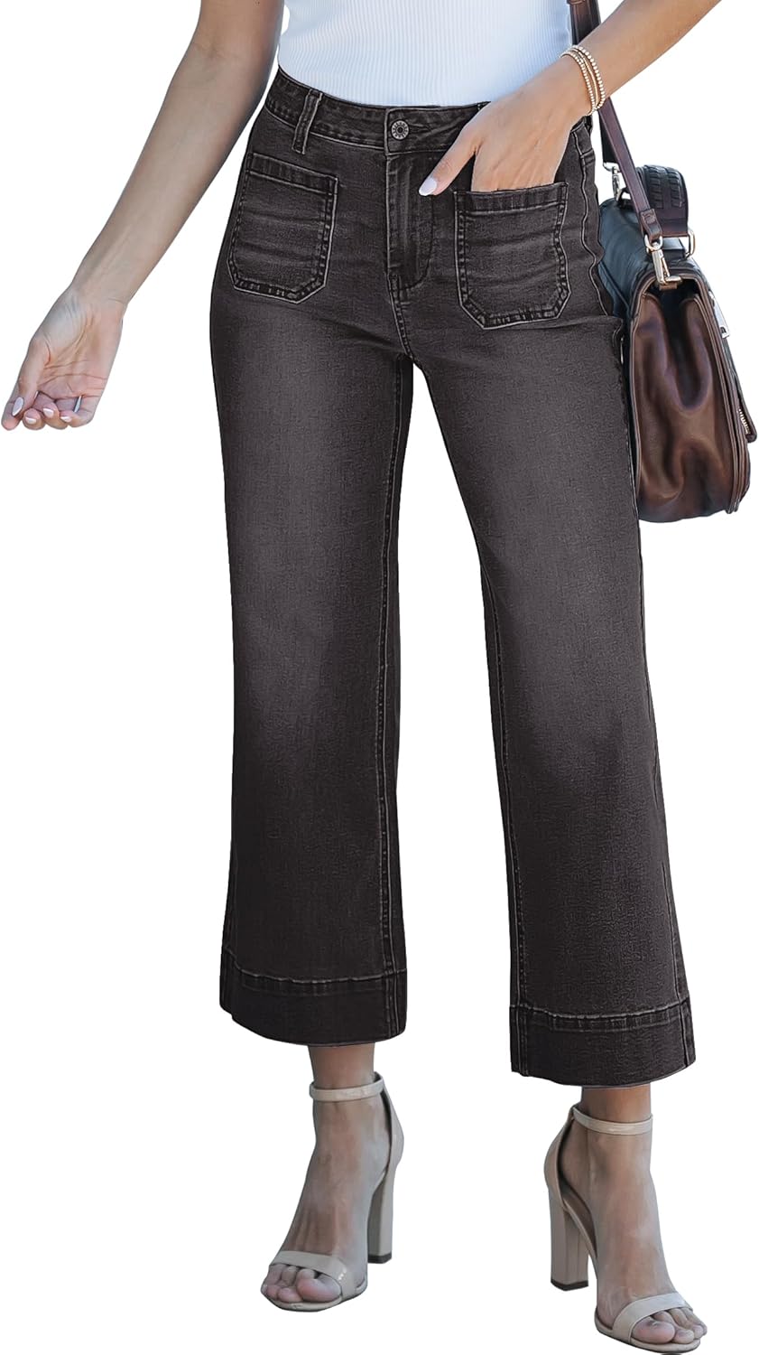 Trendige Damen High Waist Schlag Jeans Stretchy Cropped Wide Leg Denim Hose - Bild 88 von 146