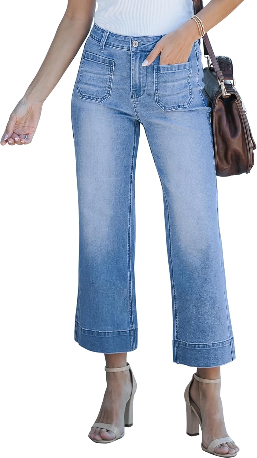 Trendige Damen High Waist Schlag Jeans Stretchy Cropped Wide Leg Denim Hose - Bild 89 von 146