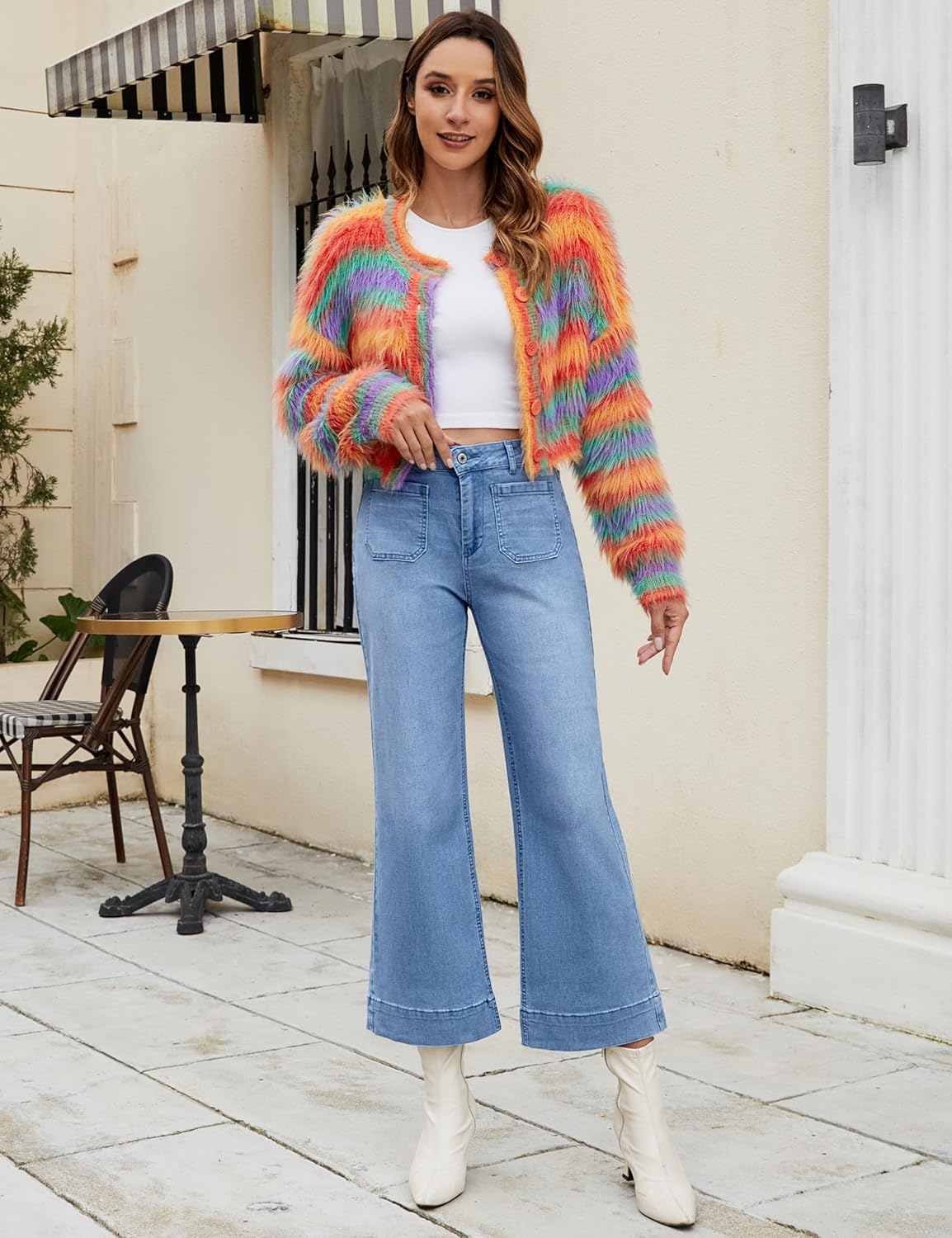 Trendige Damen High Waist Schlag Jeans Stretchy Cropped Wide Leg Denim Hose - Bild 95 von 146