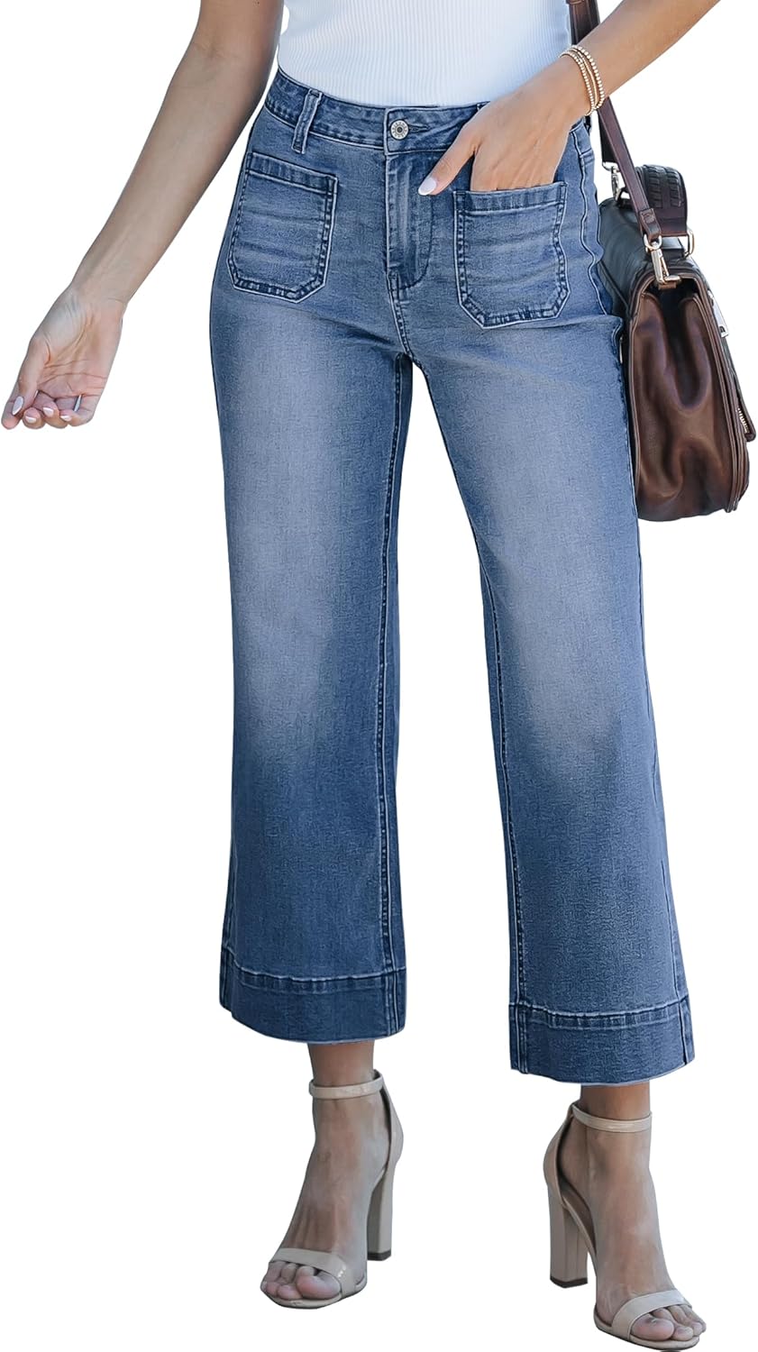 Trendige Damen High Waist Schlag Jeans Stretchy Cropped Wide Leg Denim Hose - Bild 96 von 146
