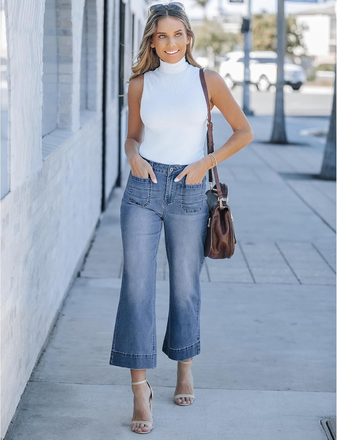 Trendige Damen High Waist Schlag Jeans Stretchy Cropped Wide Leg Denim Hose - Bild 99 von 146
