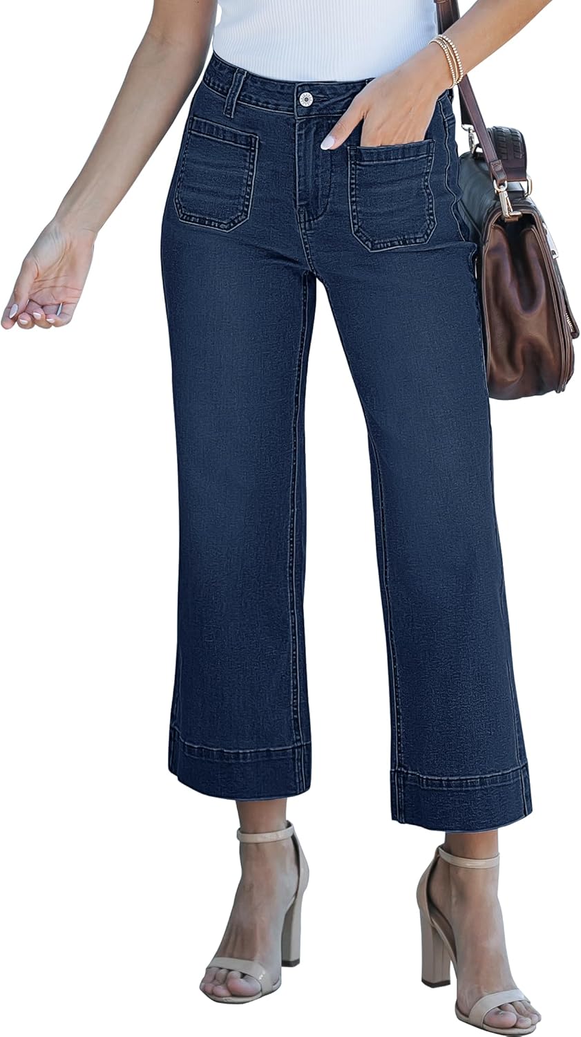 Trendige Damen High Waist Schlag Jeans Stretchy Cropped Wide Leg Denim Hose - Bild 103 von 146