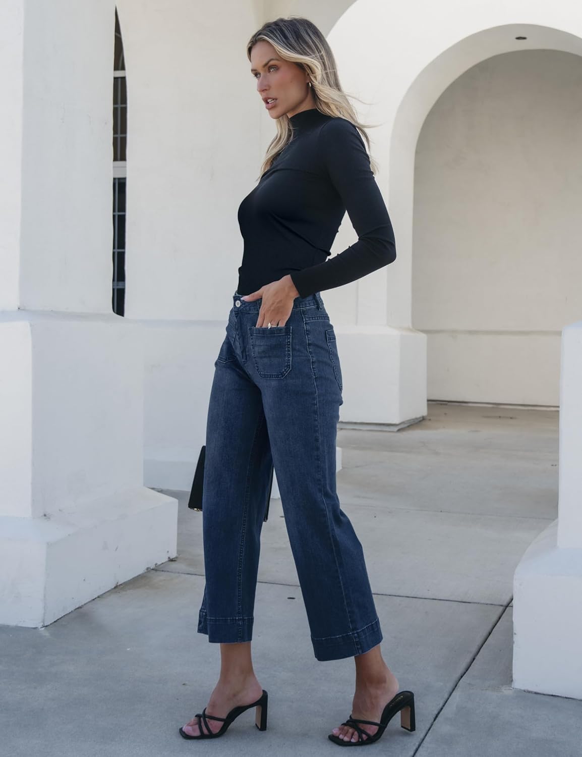 Trendige Damen High Waist Schlag Jeans Stretchy Cropped Wide Leg Denim Hose - Bild 107 von 146
