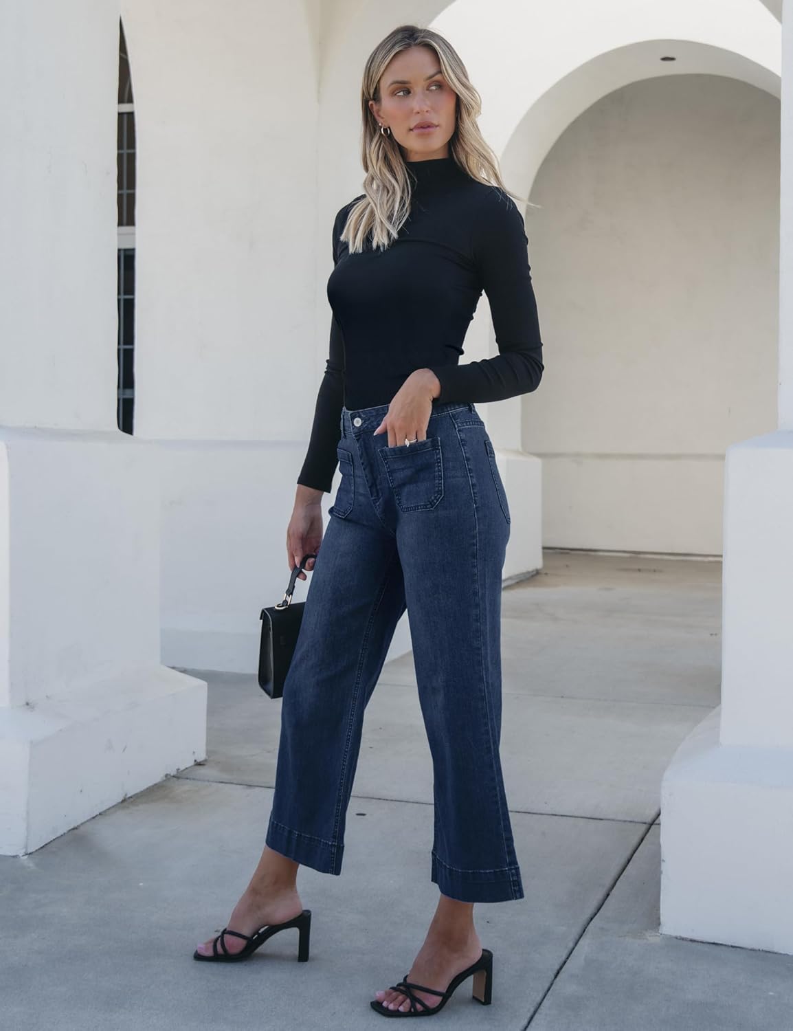 Trendige Damen High Waist Schlag Jeans Stretchy Cropped Wide Leg Denim Hose - Bild 108 von 146