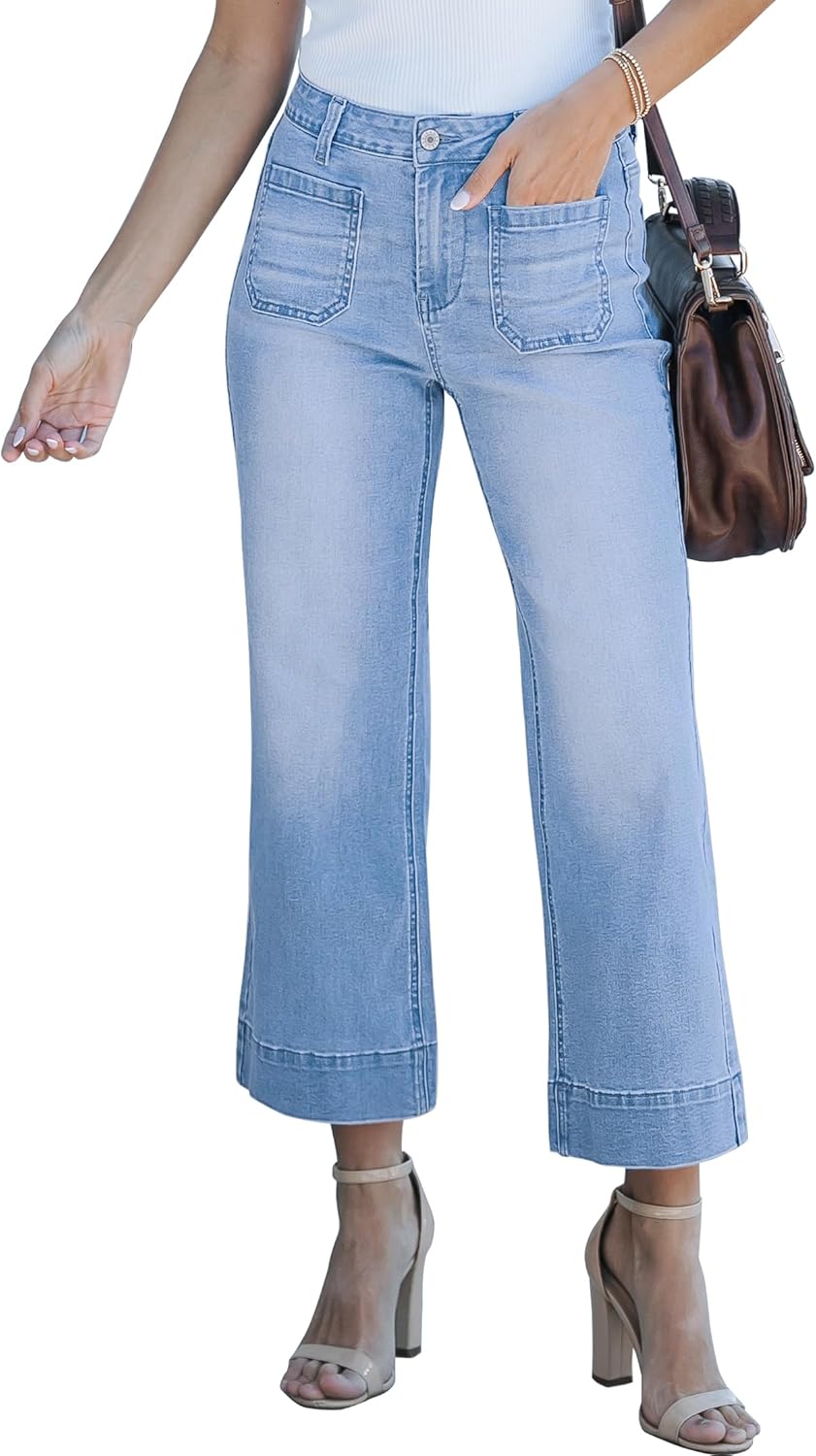 Trendige Damen High Waist Schlag Jeans Stretchy Cropped Wide Leg Denim Hose - Bild 111 von 146