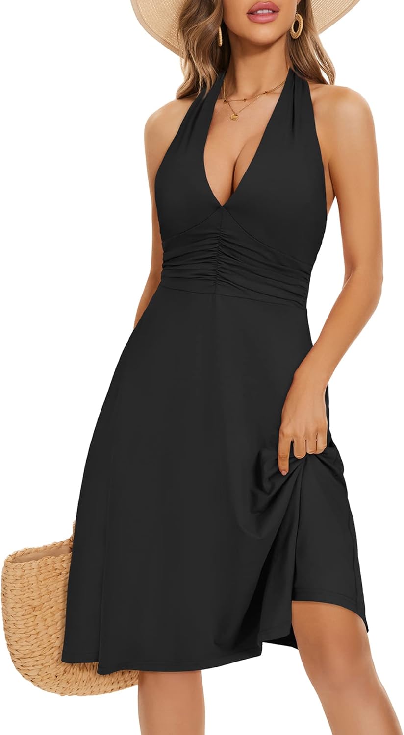 Women's Sleeveless Halter Neck Sundress Floral Mini Dress with Pocket Ruffle - Picture 25 of 166