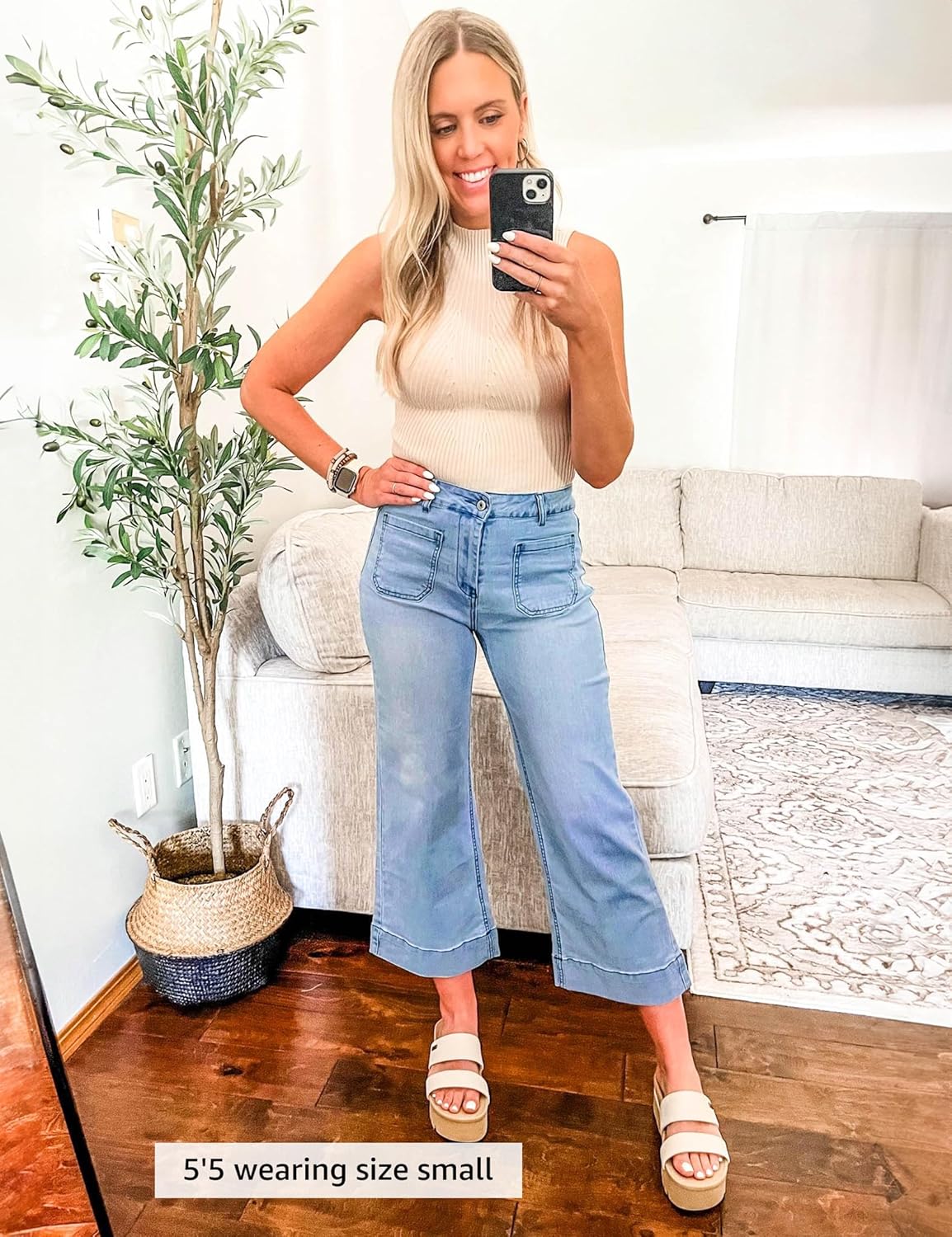 Trendige Damen High Waist Schlag Jeans Stretchy Cropped Wide Leg Denim Hose - Bild 113 von 146