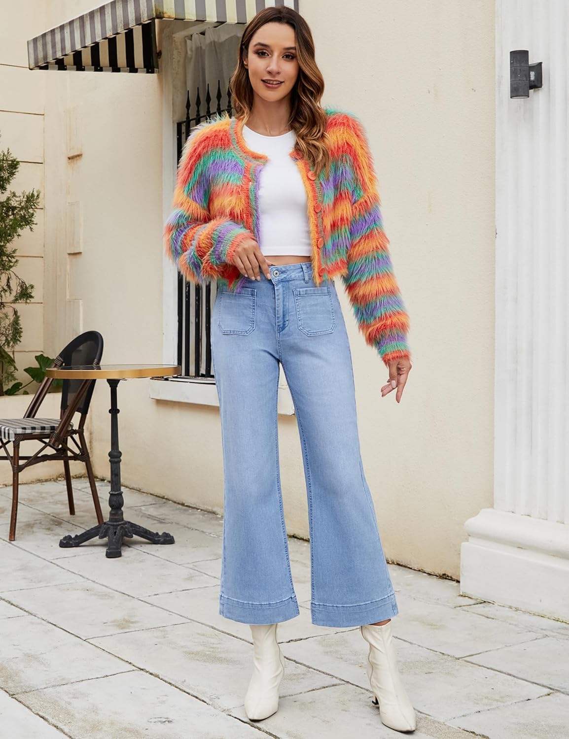 Trendige Damen High Waist Schlag Jeans Stretchy Cropped Wide Leg Denim Hose - Bild 116 von 146