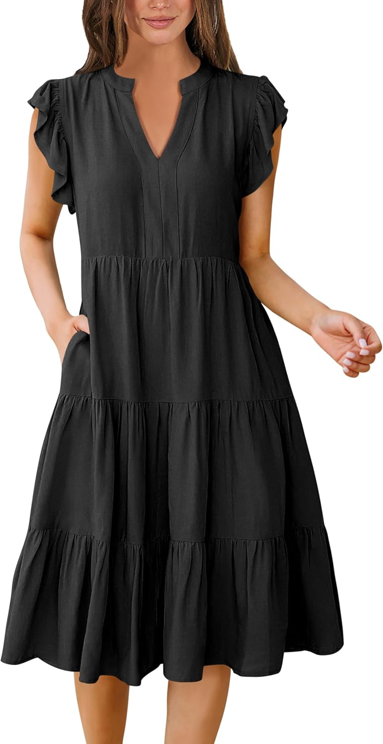 Womens Ruffle Sleeve V Neck Midi Dress Flowy Tiered Boho Beach Vacation Sundress - Picture 25 of 198