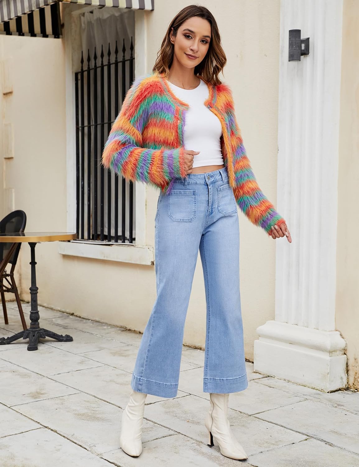 Trendige Damen High Waist Schlag Jeans Stretchy Cropped Wide Leg Denim Hose - Bild 118 von 146
