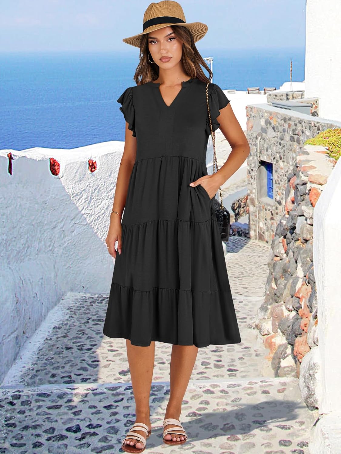 Womens Ruffle Sleeve V Neck Midi Dress Flowy Tiered Boho Beach Vacation Sundress - Picture 26 of 198