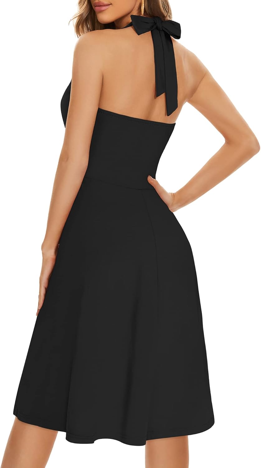 Women's Sleeveless Halter Neck Sundress Floral Mini Dress with Pocket Ruffle - Picture 27 of 166