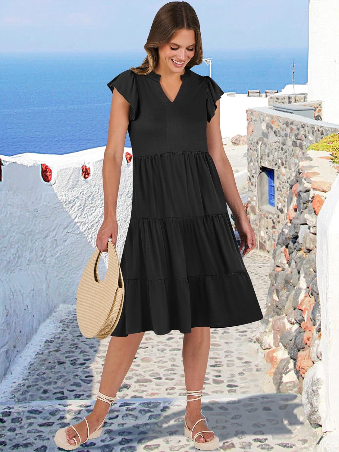 Womens Ruffle Sleeve V Neck Midi Dress Flowy Tiered Boho Beach Vacation Sundress - Picture 28 of 198