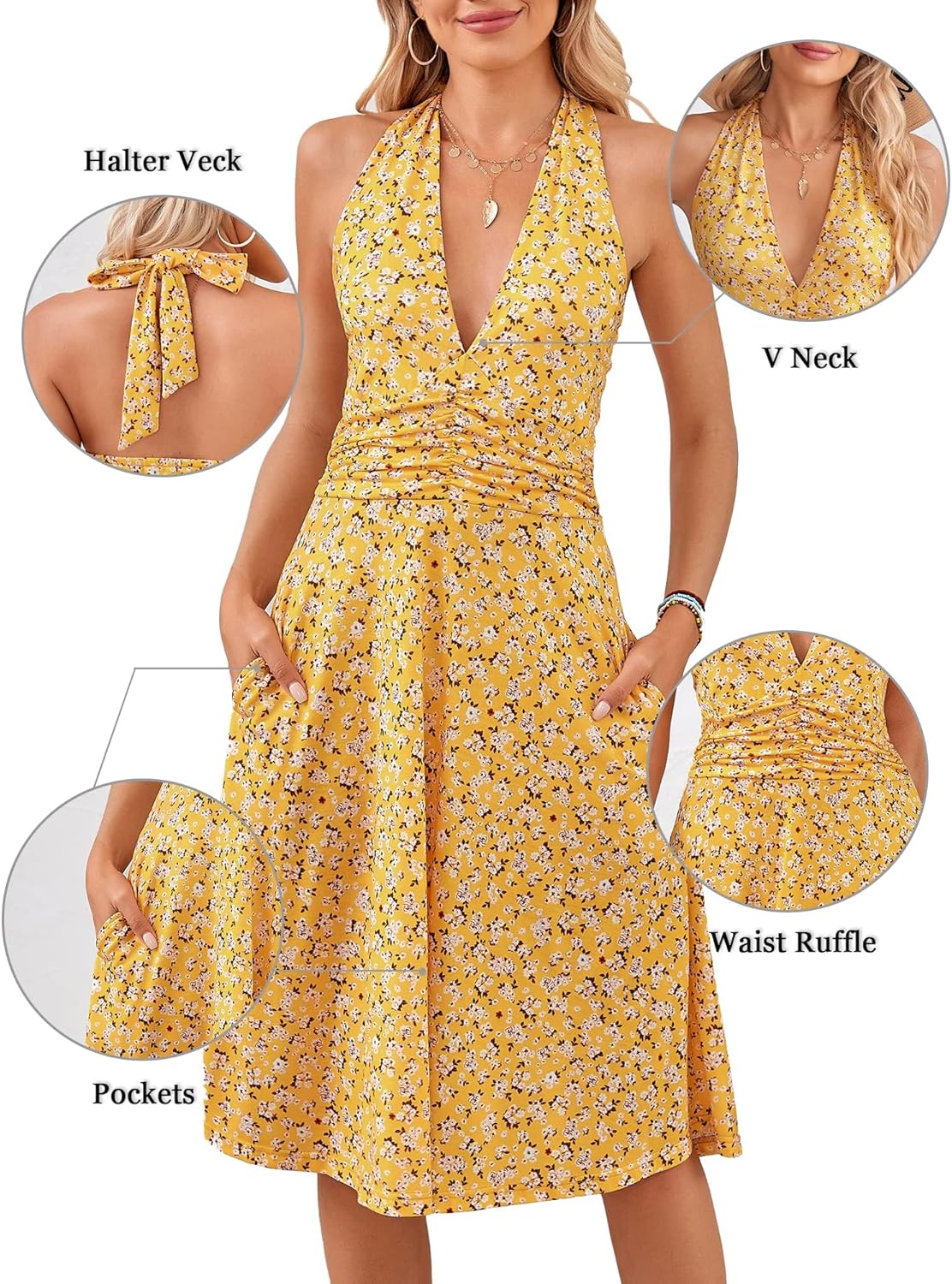 Women's Sleeveless Halter Neck Sundress Floral Mini Dress with Pocket Ruffle - Picture 30 of 166