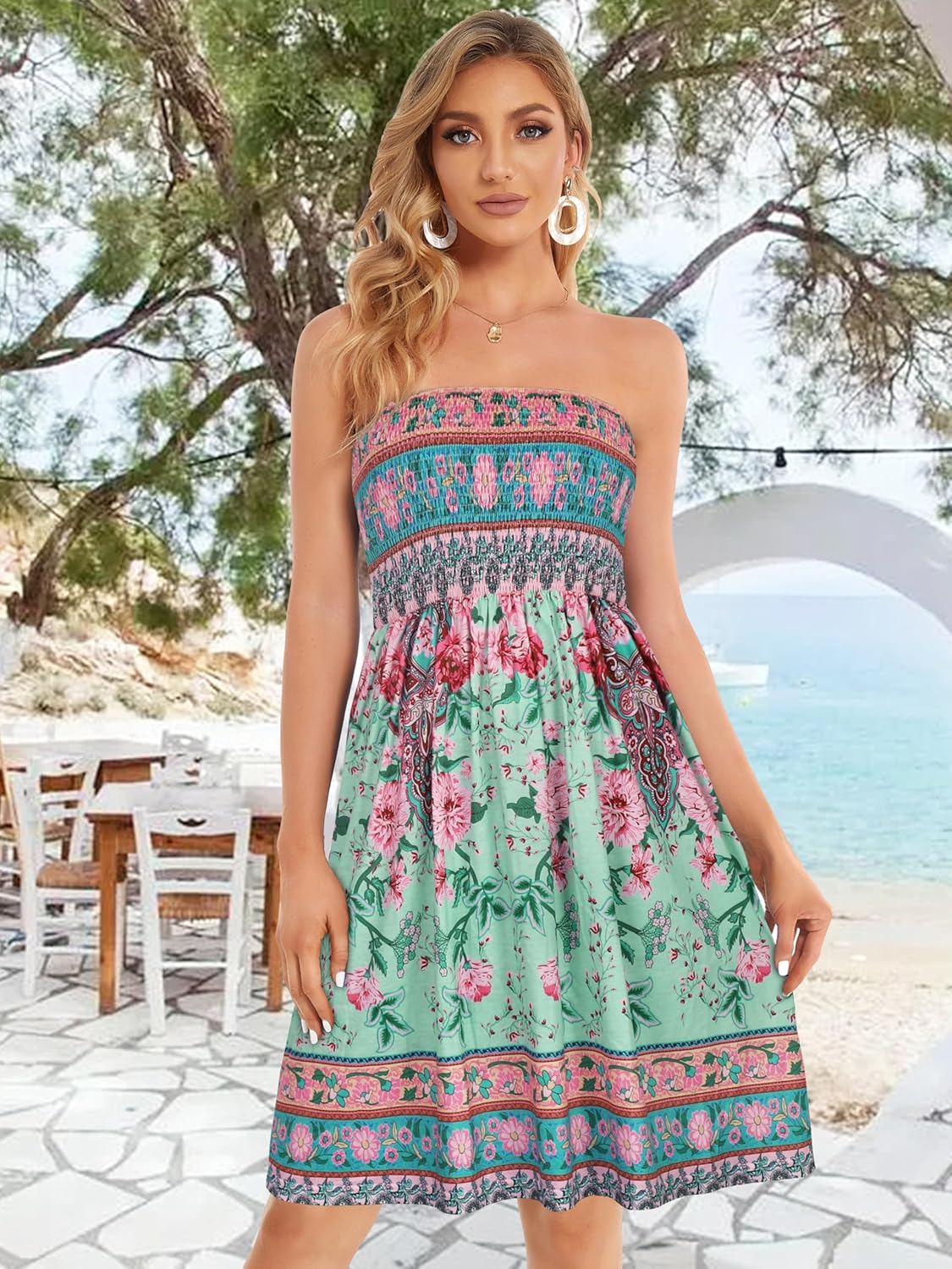 Summer Dresses for Women Beach Cover Ups Strapless Boho Floral Print Sundress - Picture 88 of 248