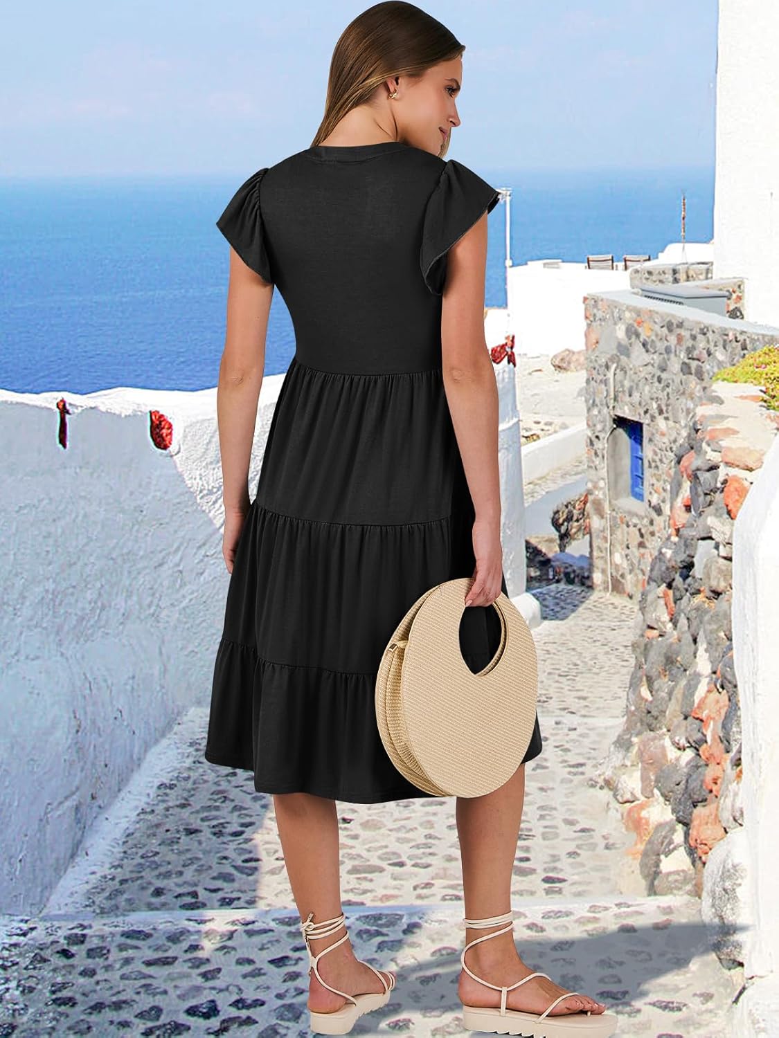 Womens Ruffle Sleeve V Neck Midi Dress Flowy Tiered Boho Beach Vacation Sundress - Picture 29 of 198