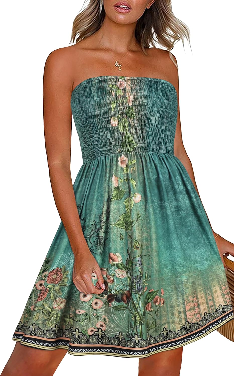 Summer Dresses for Women Beach Cover Ups Strapless Boho Floral Print Sundress - Picture 89 of 248