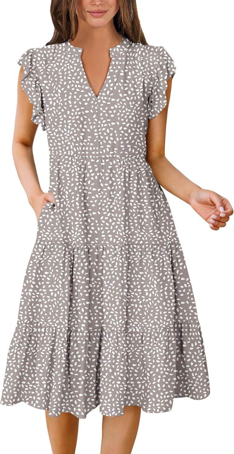 Womens Ruffle Sleeve V Neck Midi Dress Flowy Tiered Boho Beach Vacation Sundress - Picture 31 of 198