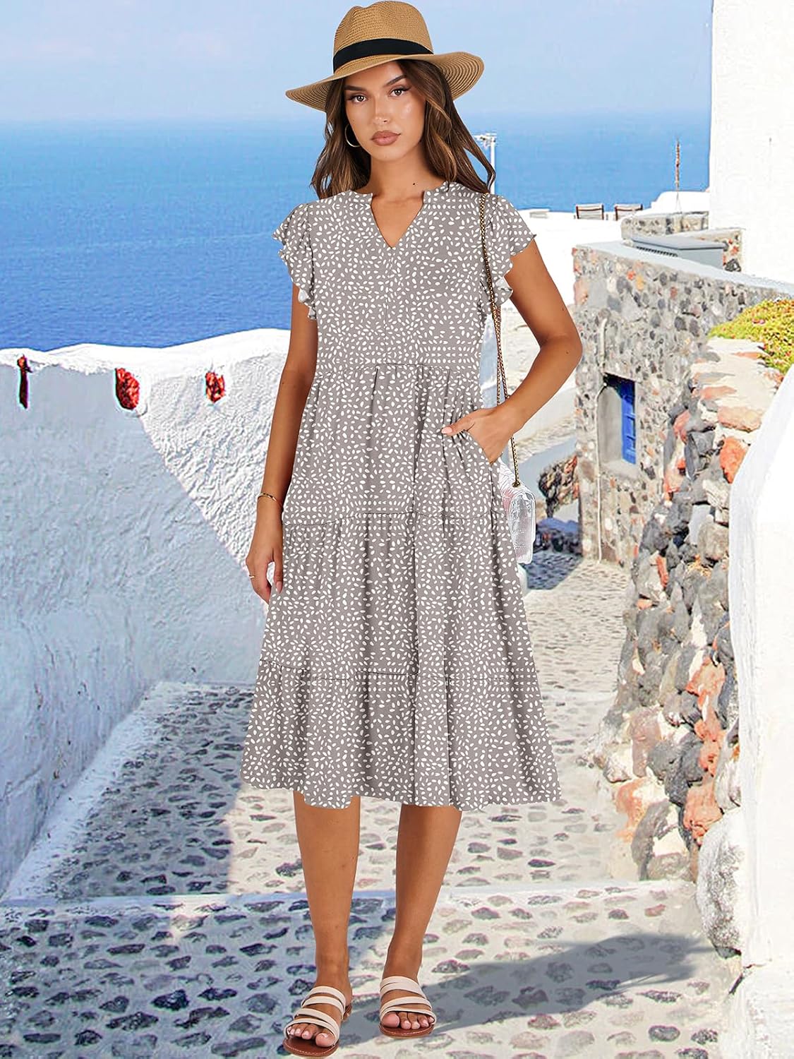 Womens Ruffle Sleeve V Neck Midi Dress Flowy Tiered Boho Beach Vacation Sundress - Picture 32 of 198