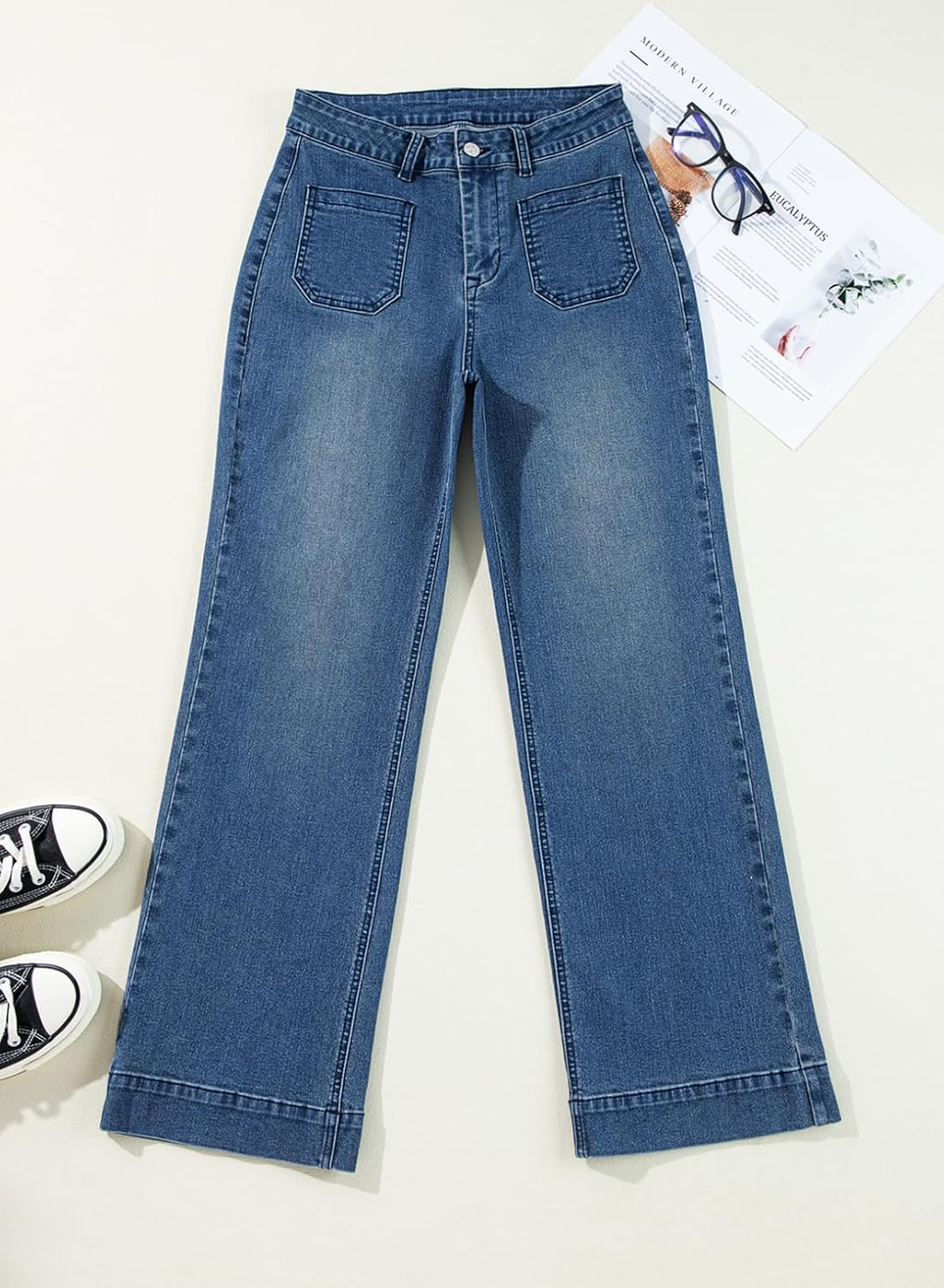 Damen High Waist Wide Leg Jeans Stretchy Straight Leg Denim Hose mit Tasche - Bild 59 von 80