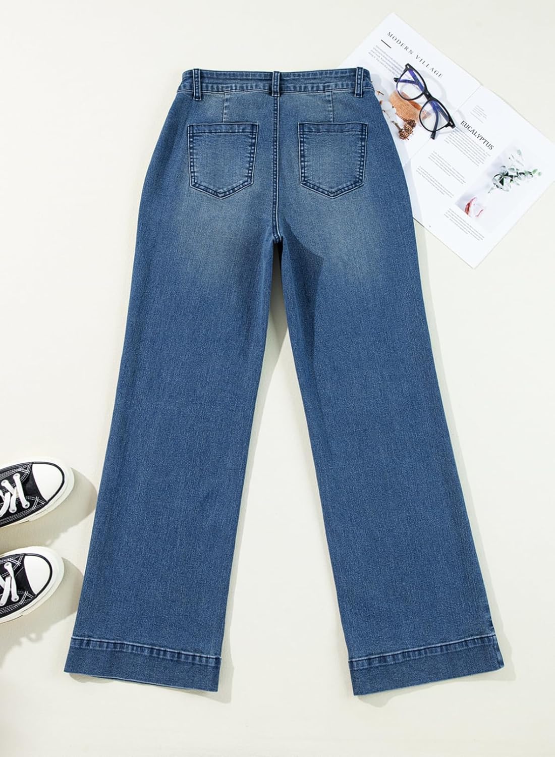 Damen High Waist Wide Leg Jeans Stretchy Straight Leg Denim Hose mit Tasche - Bild 60 von 80
