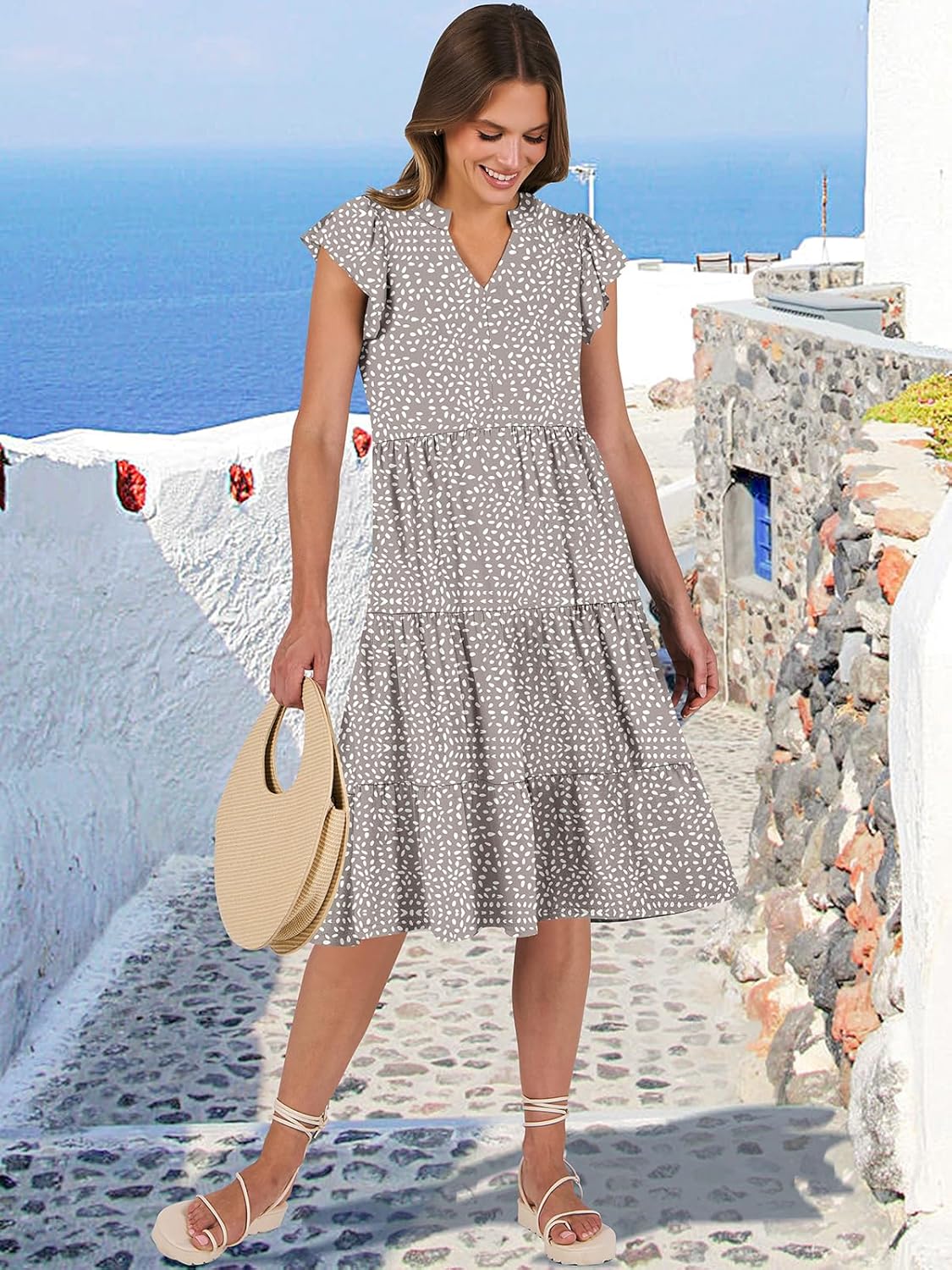 Womens Ruffle Sleeve V Neck Midi Dress Flowy Tiered Boho Beach Vacation Sundress - Picture 34 of 198