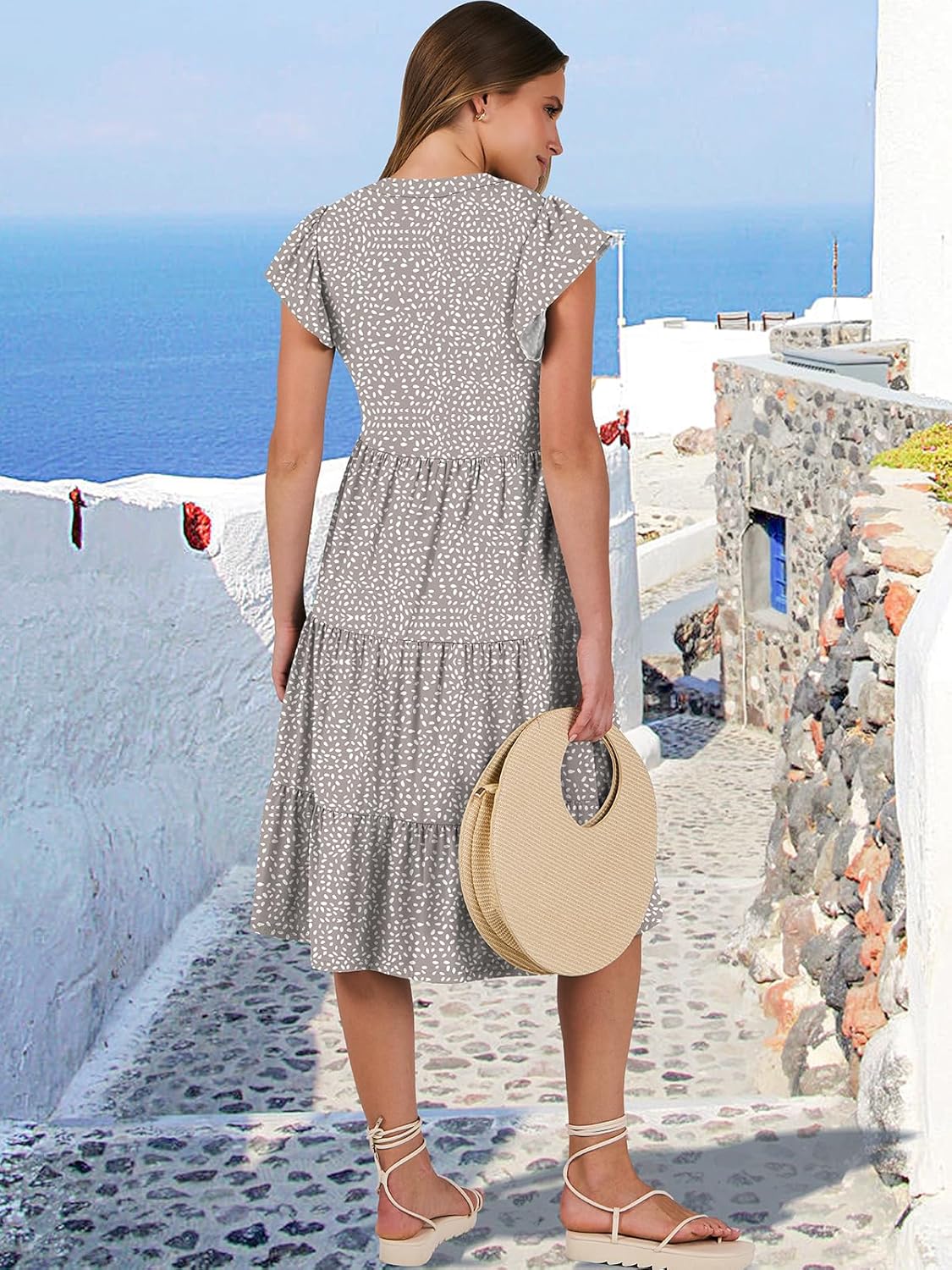 Womens Ruffle Sleeve V Neck Midi Dress Flowy Tiered Boho Beach Vacation Sundress - Picture 35 of 198