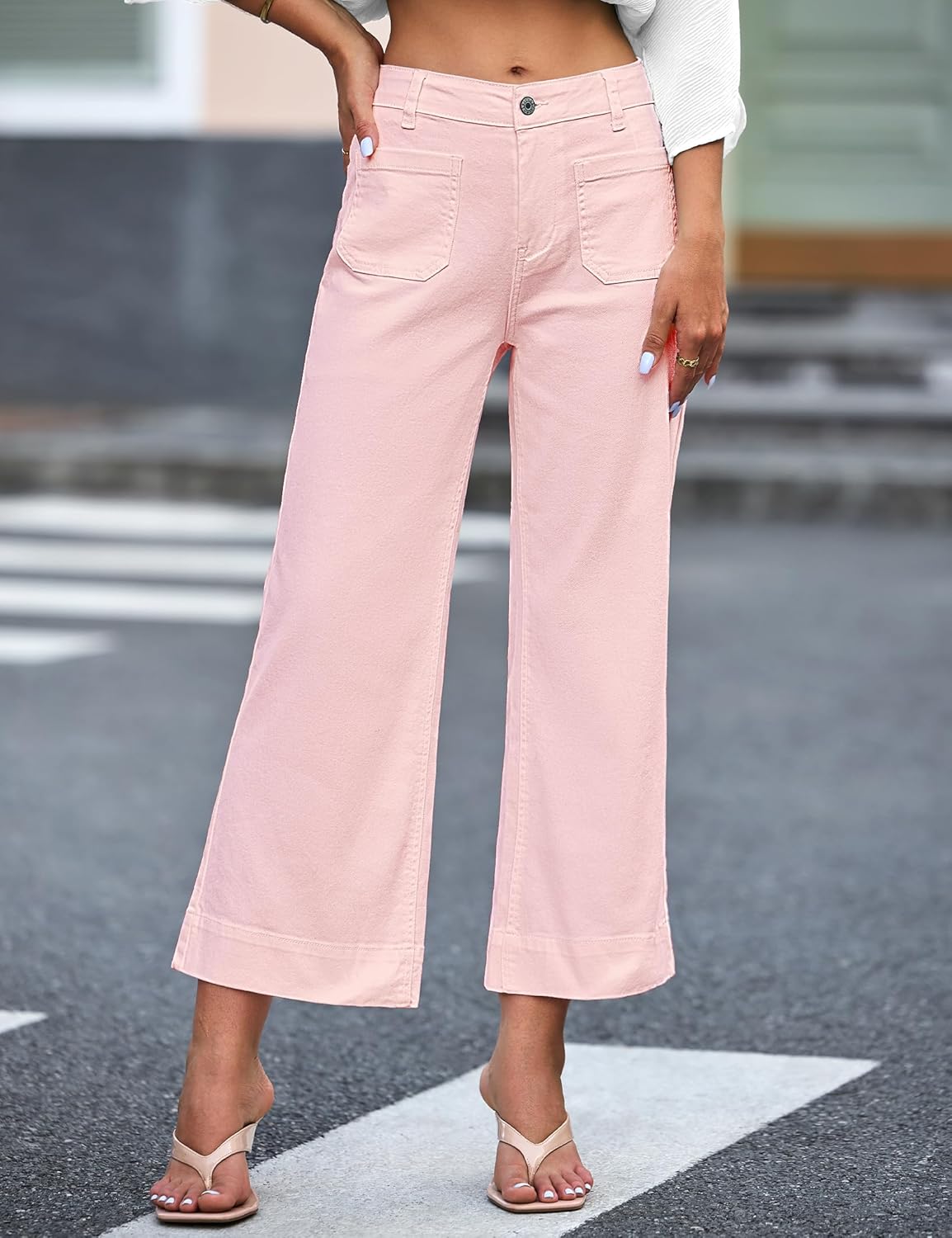Trendige Damen High Waist Schlag Jeans Stretchy Cropped Wide Leg Denim Hose - Bild 128 von 146