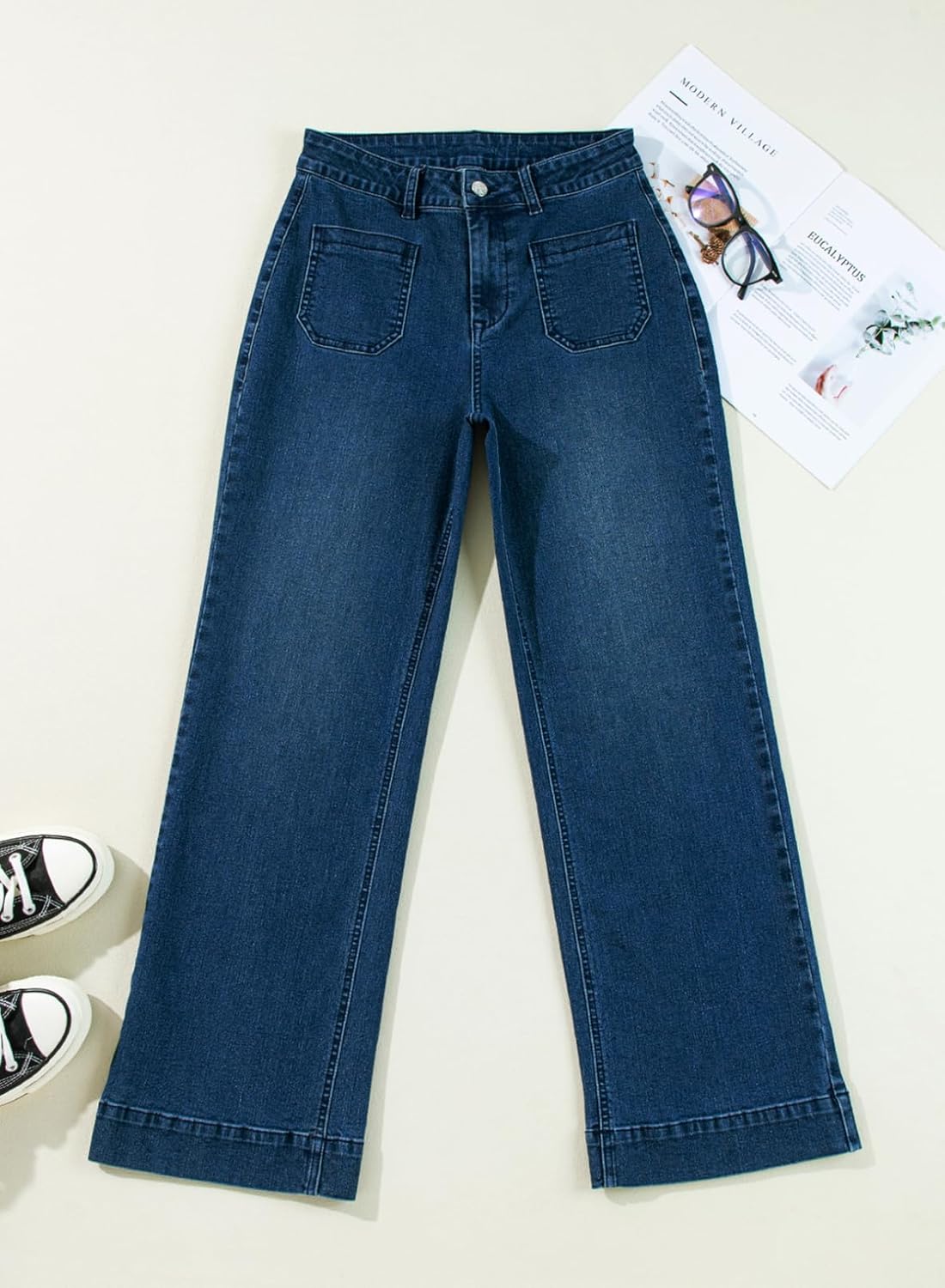 Damen High Waist Wide Leg Jeans Stretchy Straight Leg Denim Hose mit Tasche - Bild 63 von 80