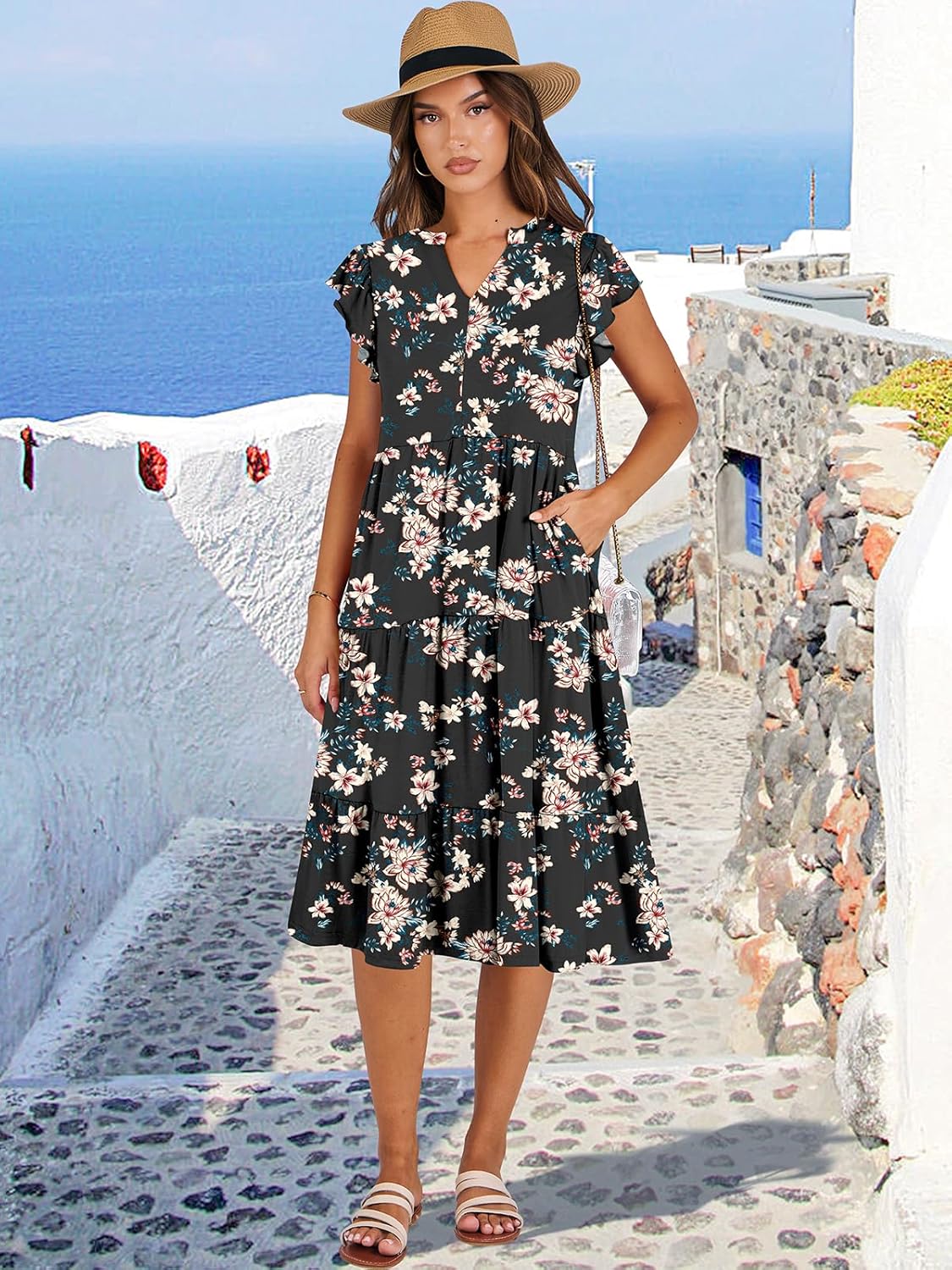 Womens Ruffle Sleeve V Neck Midi Dress Flowy Tiered Boho Beach Vacation Sundress - Picture 38 of 198
