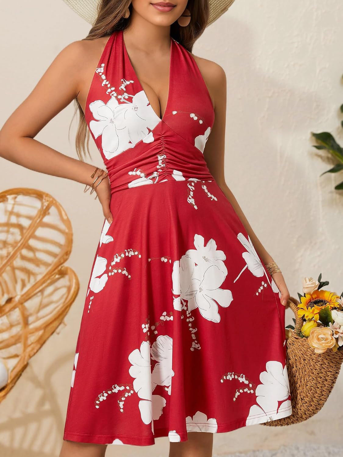 Women's Sleeveless Halter Neck Sundress Floral Mini Dress with Pocket Ruffle - Picture 104 of 166