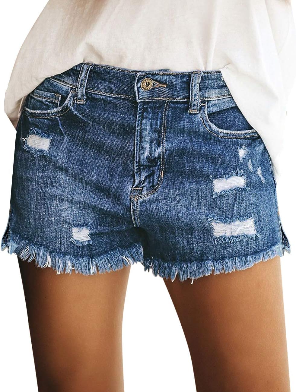 Women's Casual Mid Rise Denim Shorts Stretch Ripped Raw Hem Jean Shorts - Picture 25 of 142