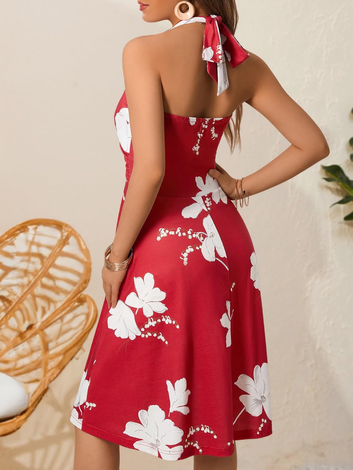 Women's Sleeveless Halter Neck Sundress Floral Mini Dress with Pocket Ruffle - Picture 106 of 166