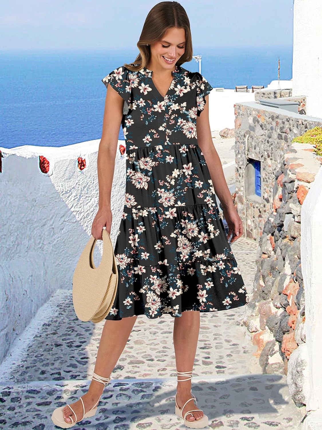 Womens Ruffle Sleeve V Neck Midi Dress Flowy Tiered Boho Beach Vacation Sundress - Picture 40 of 198