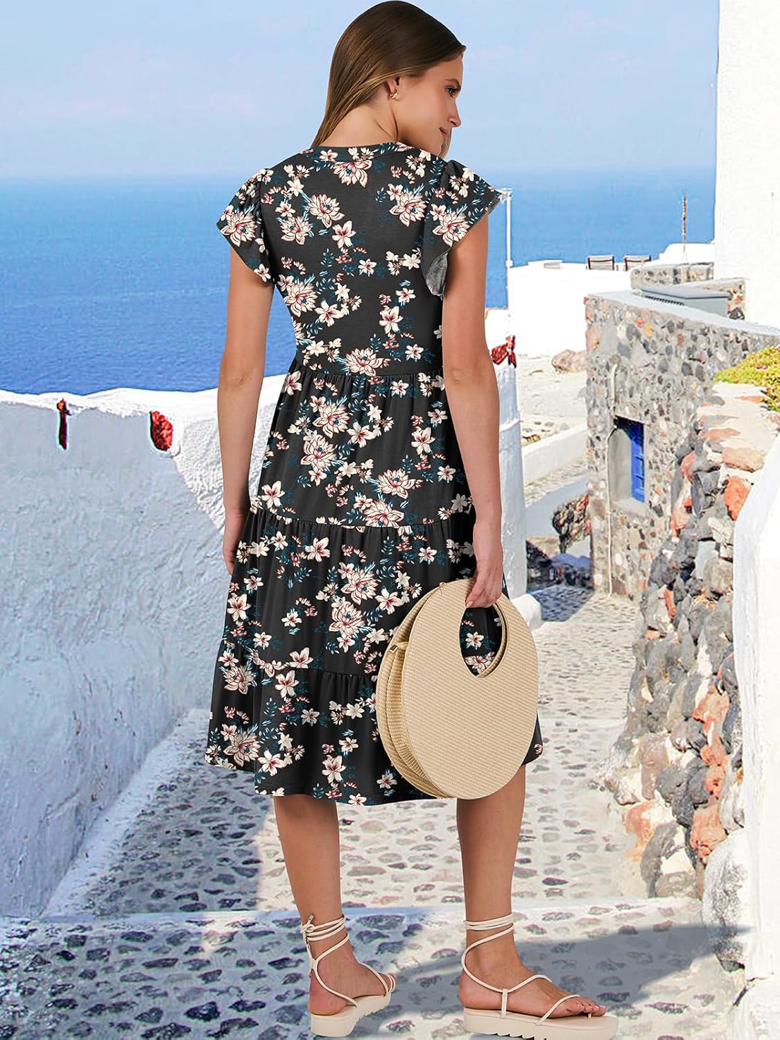Womens Ruffle Sleeve V Neck Midi Dress Flowy Tiered Boho Beach Vacation Sundress - Picture 41 of 198