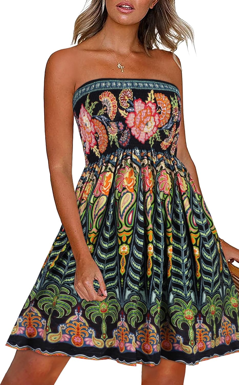 Summer Dresses for Women Beach Cover Ups Strapless Boho Floral Print Sundress - Picture 96 of 248