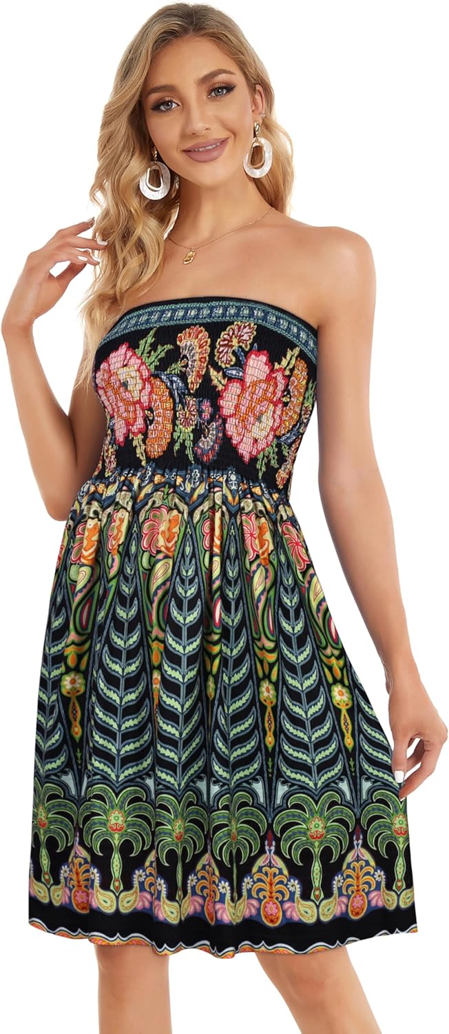 Summer Dresses for Women Beach Cover Ups Strapless Boho Floral Print Sundress - Picture 97 of 248