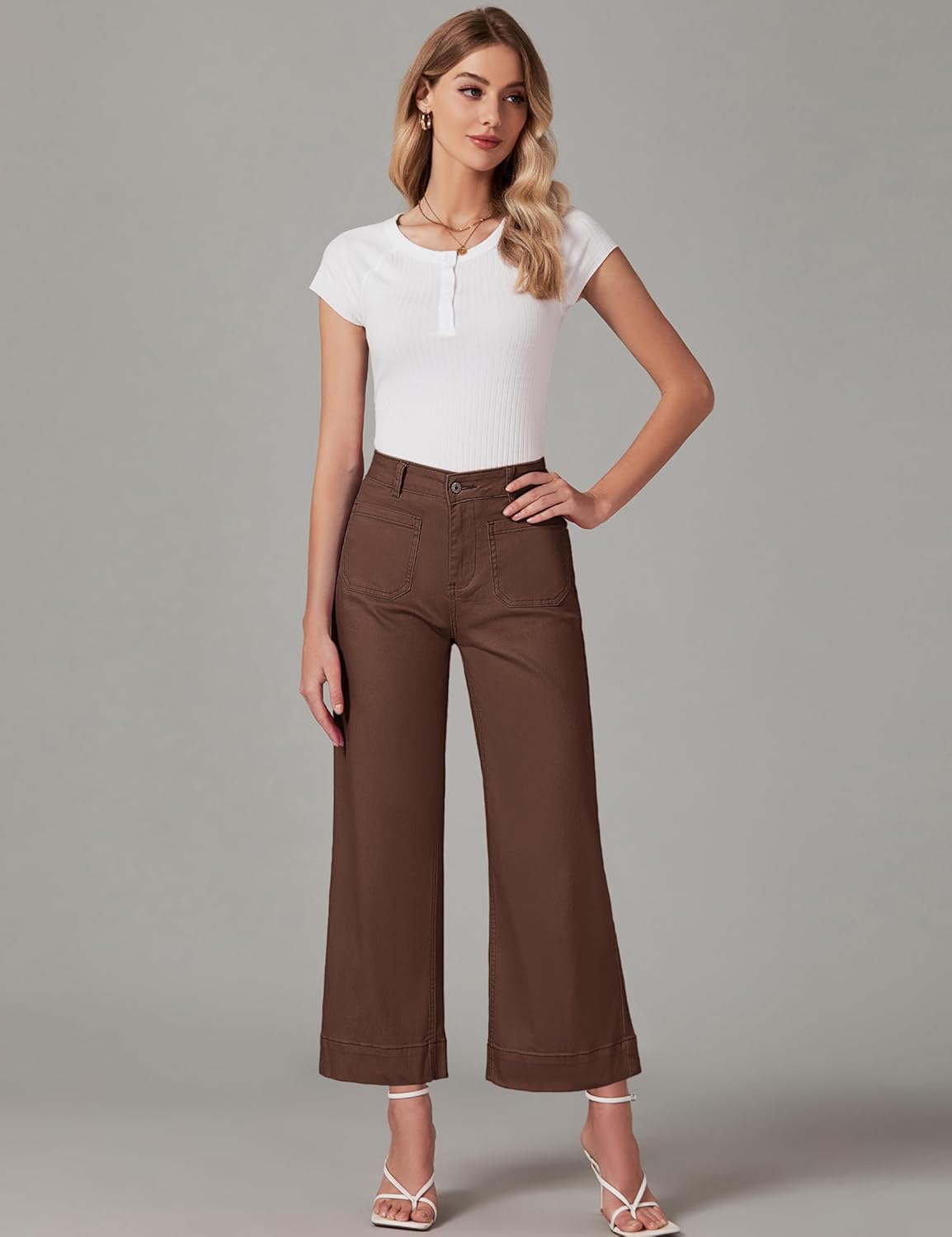 Trendige Damen High Waist Schlag Jeans Stretchy Cropped Wide Leg Denim Hose - Bild 137 von 146