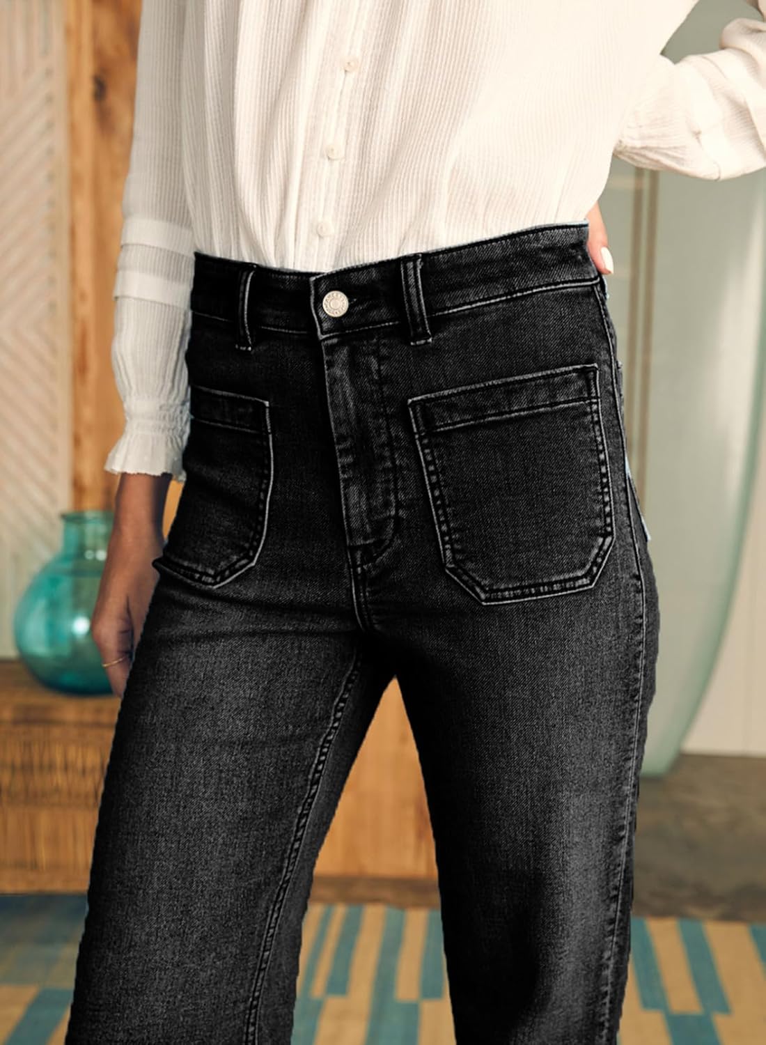 Damen High Waist Wide Leg Jeans Stretchy Straight Leg Denim Hose mit Tasche - Bild 75 von 80