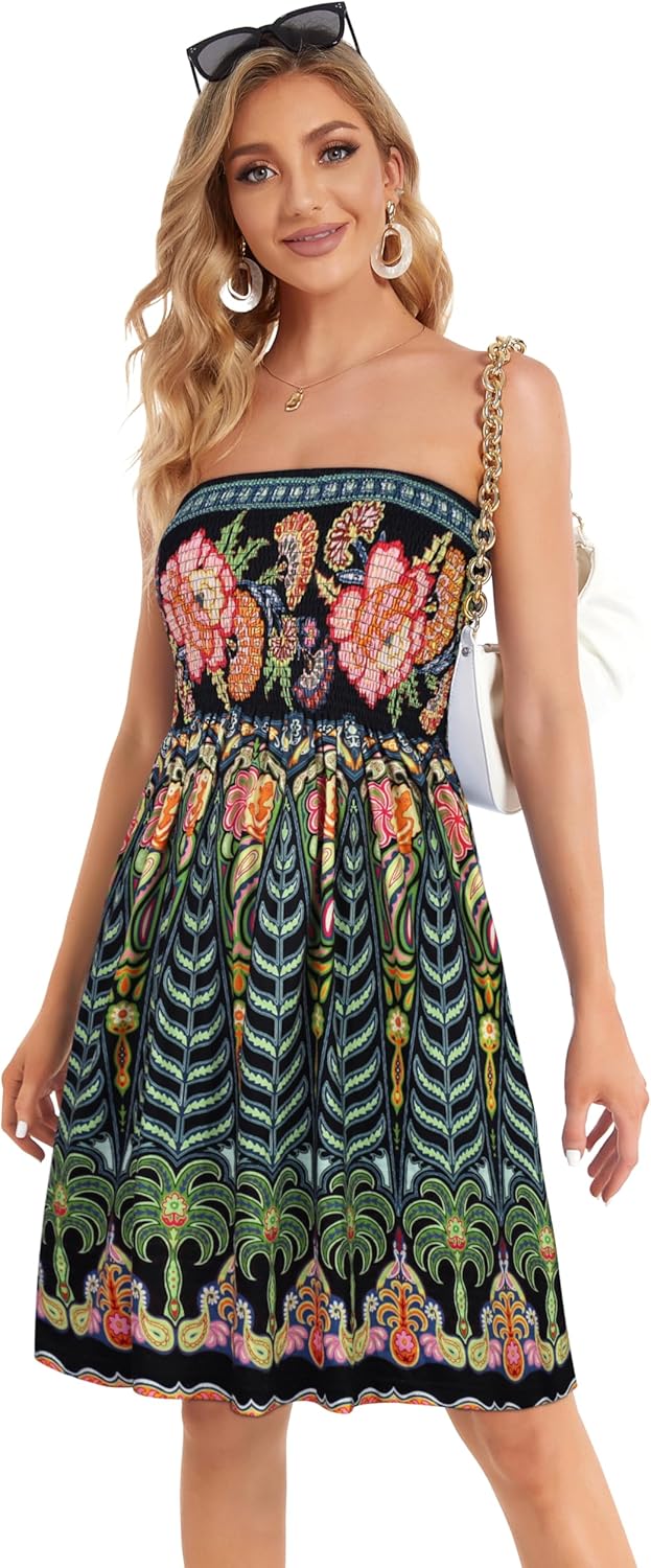 Summer Dresses for Women Beach Cover Ups Strapless Boho Floral Print Sundress - Picture 98 of 248