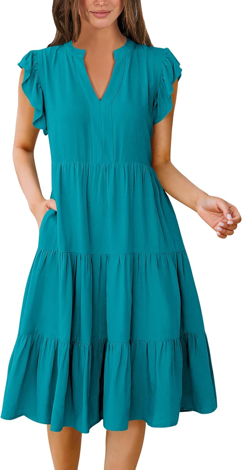 Womens Ruffle Sleeve V Neck Midi Dress Flowy Tiered Boho Beach Vacation Sundress - Picture 43 of 198