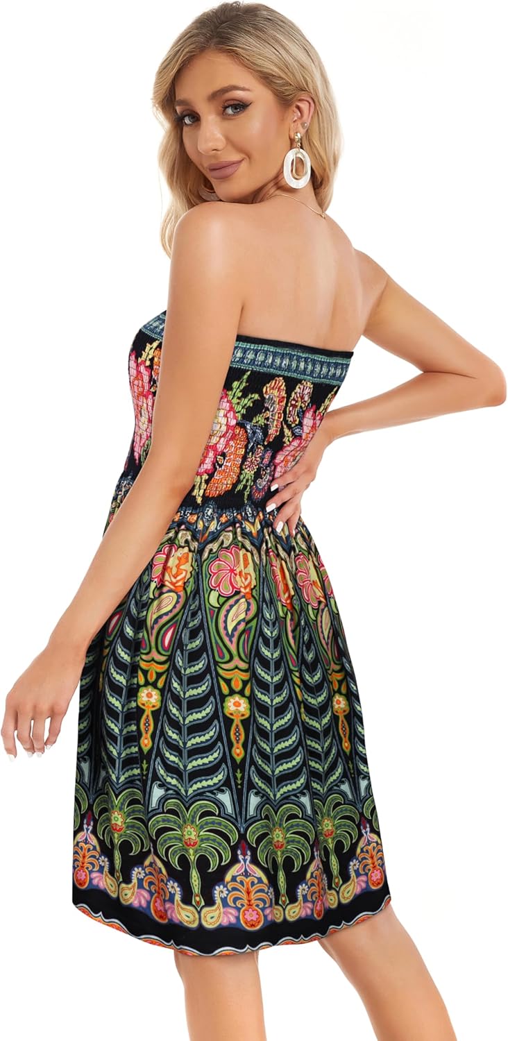 Summer Dresses for Women Beach Cover Ups Strapless Boho Floral Print Sundress - Picture 99 of 248