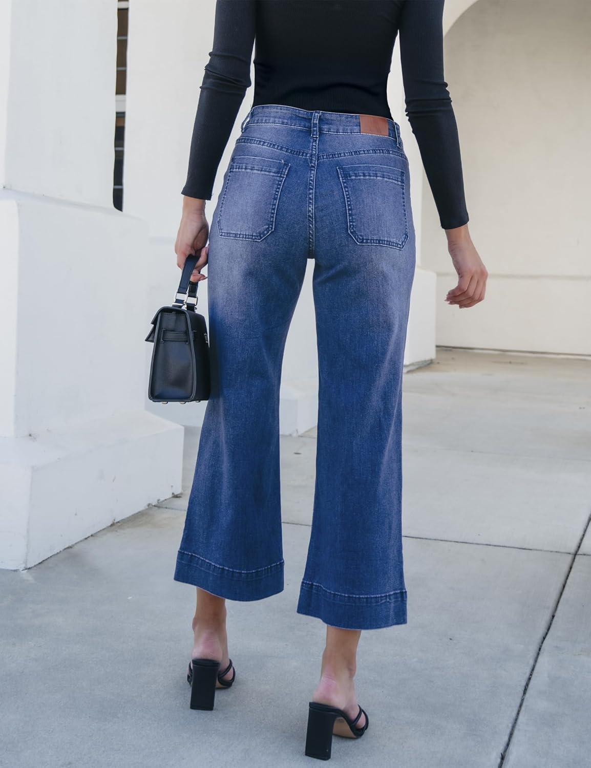 Trendige Damen High Waist Schlag Jeans Stretchy Cropped Wide Leg Denim Hose - Bild 140 von 146