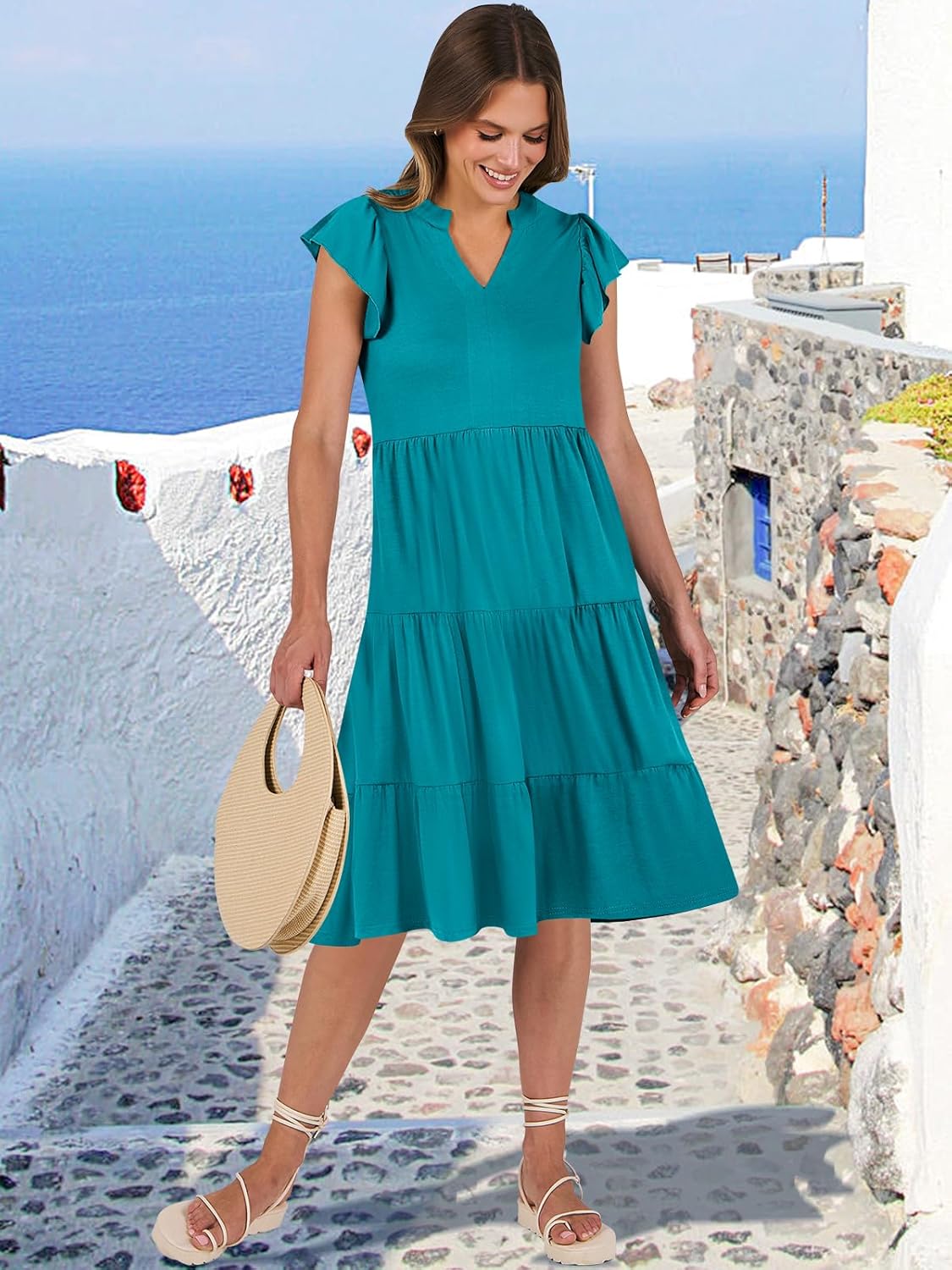 Womens Ruffle Sleeve V Neck Midi Dress Flowy Tiered Boho Beach Vacation Sundress - Picture 46 of 198