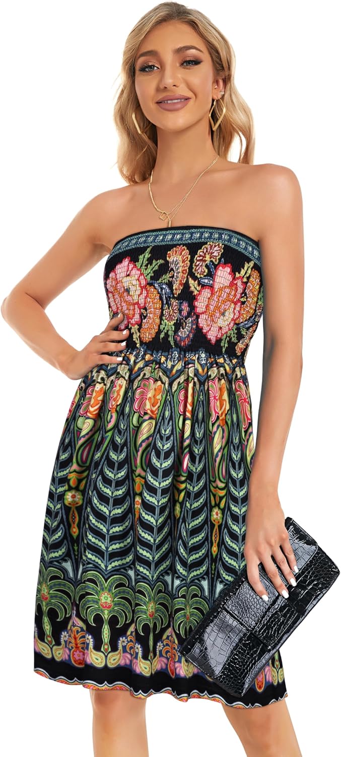 Summer Dresses for Women Beach Cover Ups Strapless Boho Floral Print Sundress - Picture 100 of 248